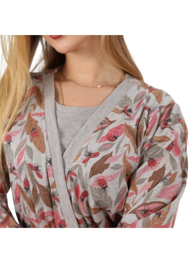 زيكوتكس  روب نسائي طويل بجيوب وحزام خصر - قطن ريب مضلع ناعم بنقشة أوراق الشجر - رمادي مزهر. - Image 2