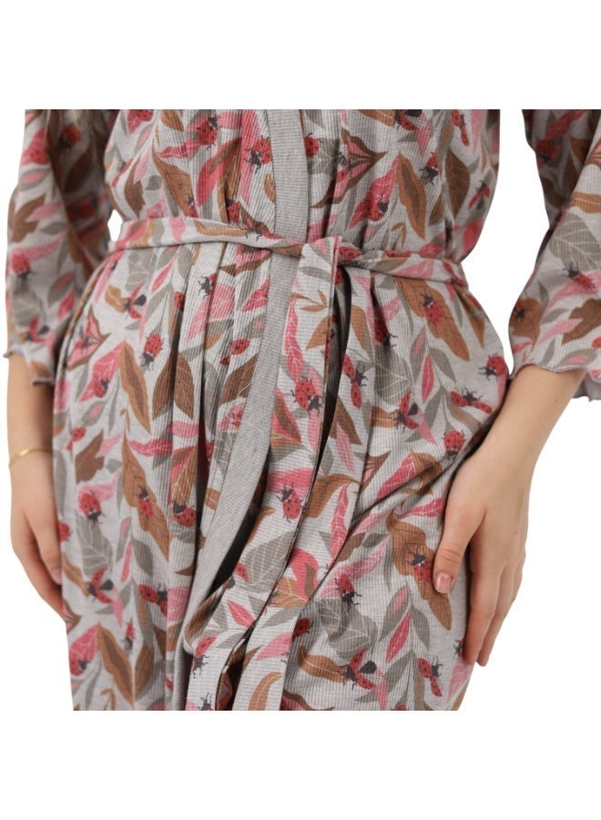 زيكوتكس  روب نسائي طويل بجيوب وحزام خصر - قطن ريب مضلع ناعم بنقشة أوراق الشجر - رمادي مزهر. - Image 3