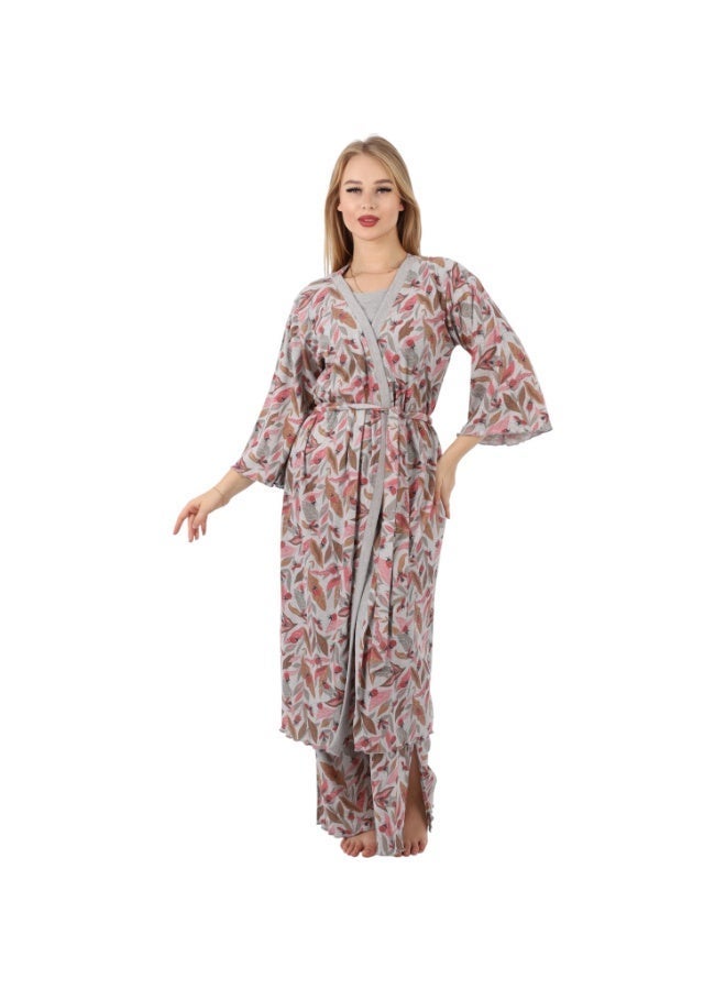 زيكوتكس  روب نسائي طويل بجيوب وحزام خصر - قطن ريب مضلع ناعم بنقشة أوراق الشجر - رمادي مزهر. - Image 1