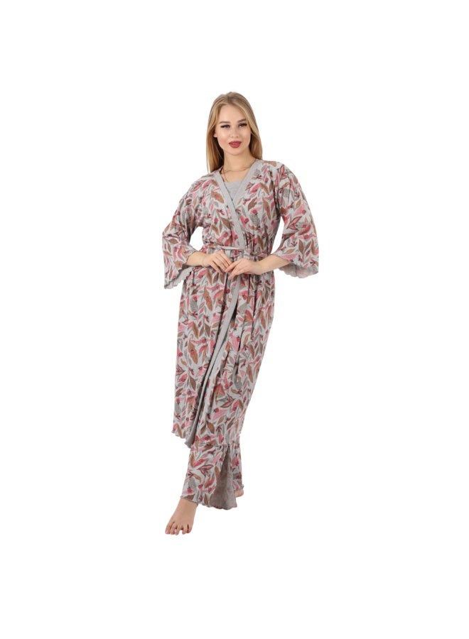 zecotex  Women's Long Ribbed Cotton Robe - Belted Home Wrap with Autumn Leaf Print - Grey Melange. - Image 2