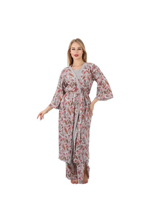 zecotex  Women's Long Ribbed Cotton Robe - Belted Home Wrap with Autumn Leaf Print - Grey Melange. - Image 1