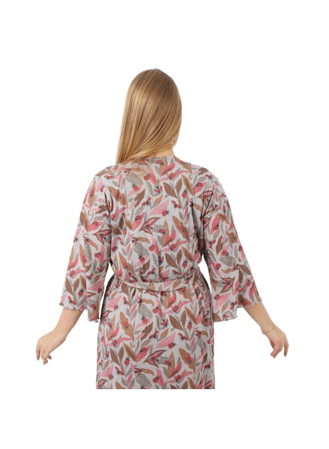 zecotex  Women's Long Ribbed Cotton Robe - Belted Home Wrap with Autumn Leaf Print - Grey Melange. - Image 5