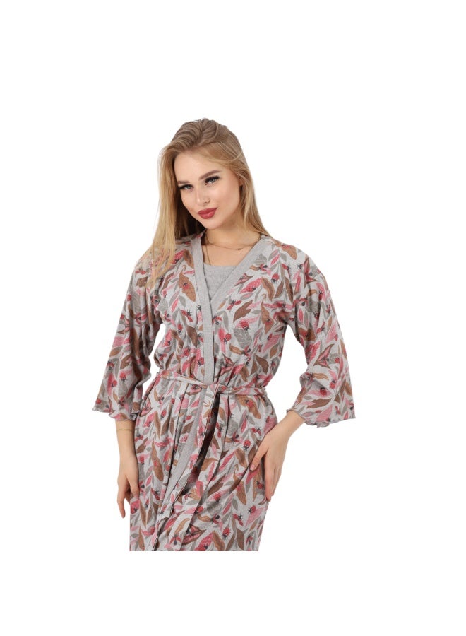 zecotex  Women's Long Ribbed Cotton Robe - Belted Home Wrap with Autumn Leaf Print - Grey Melange. - Image 3