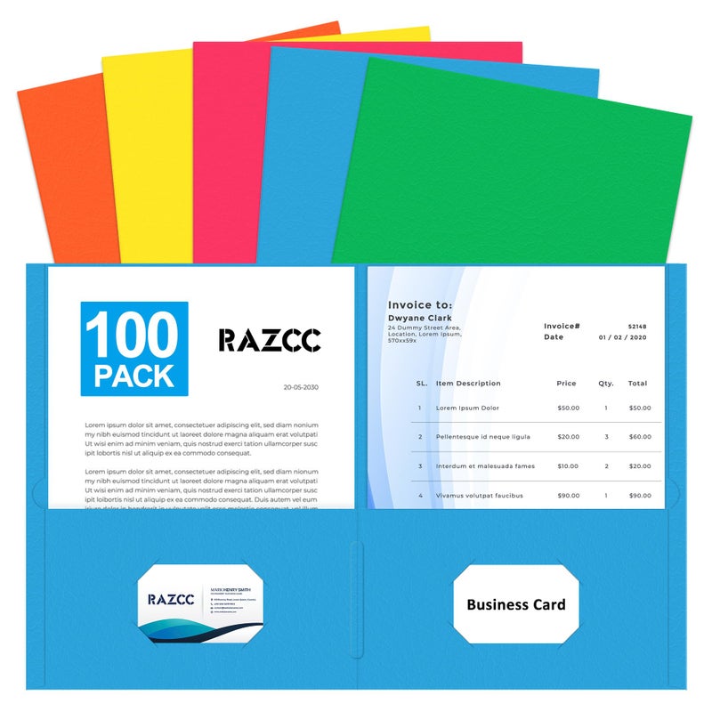 RAZCC Two Pocket Folders, RAZCC 100 Pack File Folders with Pockets Fit Letter Size Paper, Thick Paper File Folder for School Office Business Home, Assorted 5 Colors - Image 1
