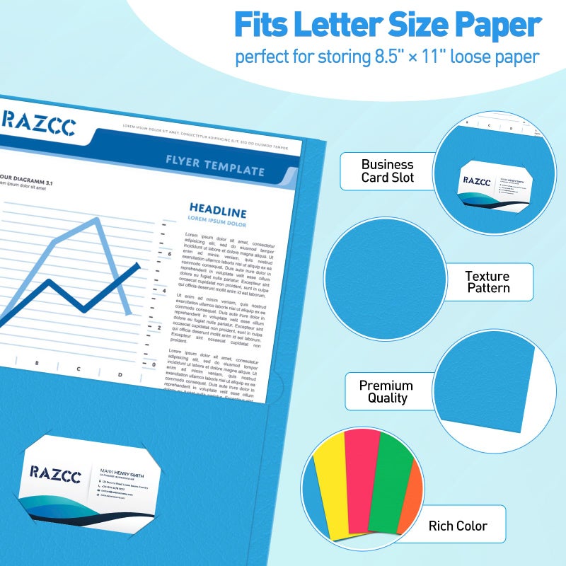 RAZCC Two Pocket Folders, RAZCC 100 Pack File Folders with Pockets Fit Letter Size Paper, Thick Paper File Folder for School Office Business Home, Assorted 5 Colors - Image 3