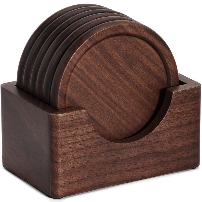 Wood Coasters with Holder Set of 6 Walnut Wooden Coaster Set for Drinks Desk Coffee Table Home Kitchen Office Bar Tabletop Protection Living Room Decor Fathers Day Gifts 37 Inch