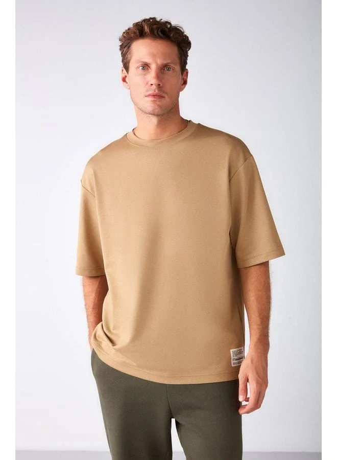 Grimelange Joel Men's 100% Organic Cotton Thick Fabric Special Textured Label Detailed Oversized Beige T-shirt.
