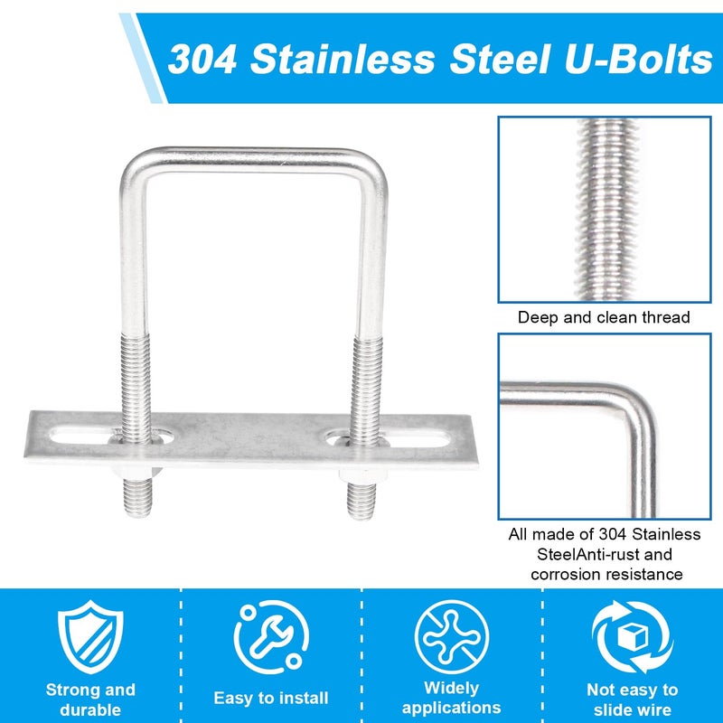 Yinpecly 4 Pack Square U-Bolts 1.57"/40mm Inner Width 3.15"/80mm Length 304 Stainless Steel U Bolts M6 with Washers & Nuts & Frame Plate for Automobiles Trailer, Ski Boat, or Sailboat Trailer - Image 4