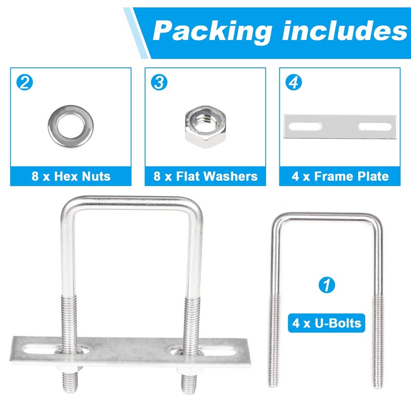 Yinpecly 4 Pack Square U-Bolts 1.57"/40mm Inner Width 3.15"/80mm Length 304 Stainless Steel U Bolts M6 with Washers & Nuts & Frame Plate for Automobiles Trailer, Ski Boat, or Sailboat Trailer - Image 3