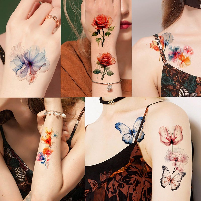 GLARYYEARS Temporary Tattoos for Women Girls, 45-Pack Large&Small Fake Tattoos, Long-lasting Flower Floral Butterfly Tattoo, Variety Pack Realistic Tattoos 3D, Cool on Arm Leg Wrist Hand Body - Image 4