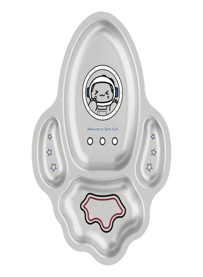 Basil Stainless Steel Plate for Kids - Kids Plates for Food with 4 Compartments - Dinner Plates for Baby - Unbreakable Dinner Plates - Ideal for Birthday, Return Gifting - BPA-Free - Rocket Plate Dino - Image 1