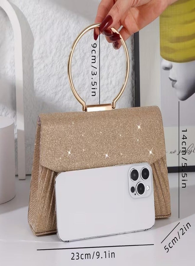 Hexwell حقيبة يد نسائية مسائية من هيكسويل مزودة بحزام سلسلة ذهبية قابل للفصل ومقبض حلقي معدني - حقيبة يد لامعة للحفلات، مناسبة لحفلات الزفاف والكوكتيل والمناسبات الرسمية (ذهبي) - Image 3