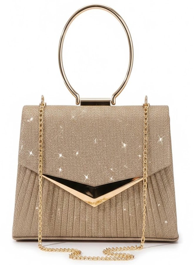 Hexwell حقيبة يد نسائية مسائية من هيكسويل مزودة بحزام سلسلة ذهبية قابل للفصل ومقبض حلقي معدني - حقيبة يد لامعة للحفلات، مناسبة لحفلات الزفاف والكوكتيل والمناسبات الرسمية (ذهبي) - Image 1