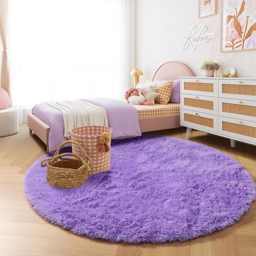 Amdrebio Purple Round Rugs 5Ft for Girls Bedroom Decor Aesthetic, Fluffy Fuzzy Circle Area Rug for Kids Playroom, Cute Furry Shaggy Circular Princess Carpet for Living Room, Baby Nursery, Preppy Dorm - Image 5