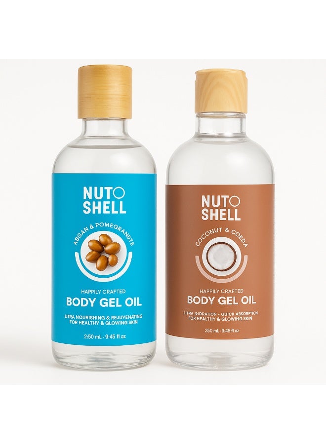 NUT SHELL Coconut & Cocoa - Body Gel Oil 250ml & Argan & Pomegranate Body Gel Oil 250mlBundle - Image 1