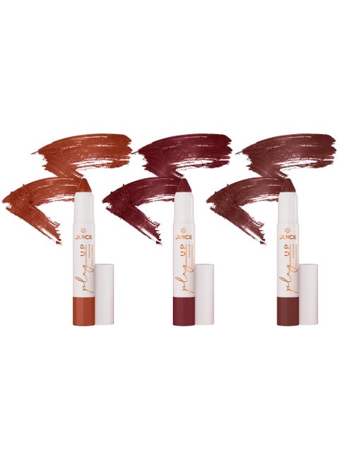 JUICE Play Up Lip CrayonPlay long games with transferproof rich color 3pc Combo SetBrownMCR03 Vino VibesMCR12 Hold My LatteMCR04