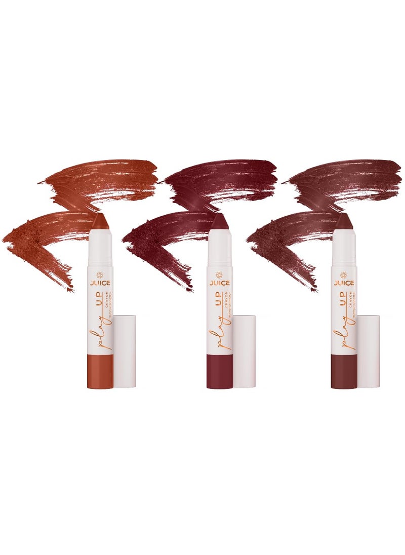 JUICE Play Up Lip CrayonPlay long games with transferproof rich color 3pc Combo SetBrownMCR03 Vino VibesMCR12 Hold My LatteMCR04