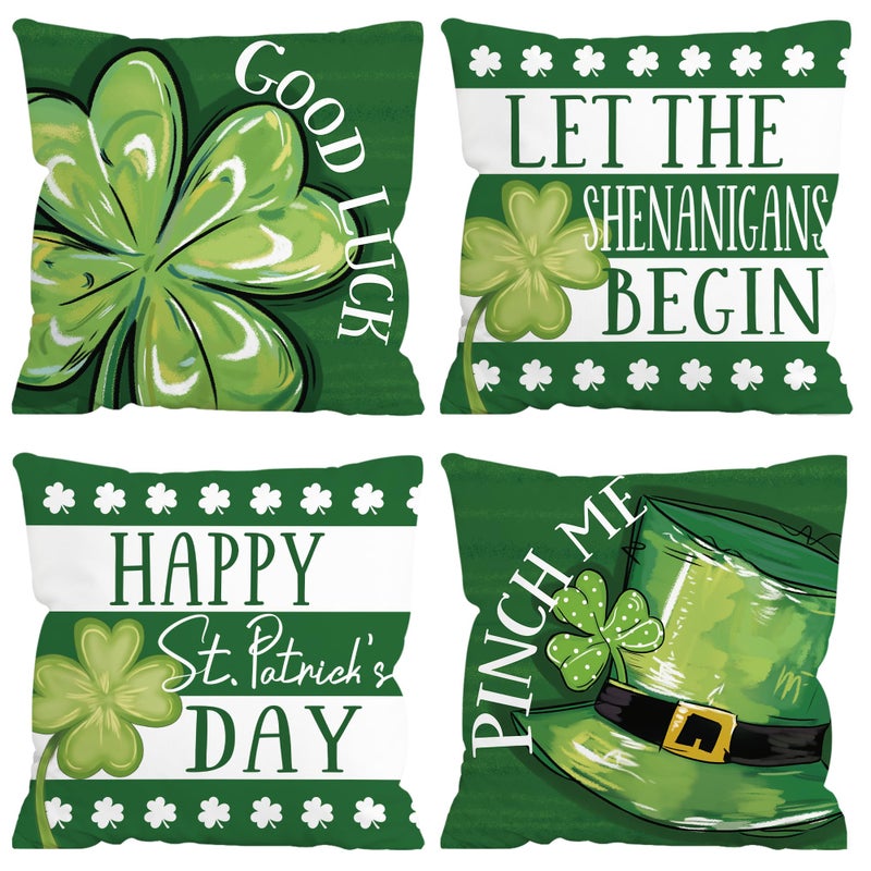 FUTBU St. Patrick's Day Throw Pillow Covers, Lucky Sharmcork Clover Pinch Me Hat Cushion Case Decoration for Sofa Couch Set of 4 Bless Our House 18x18 Inch - Image 1