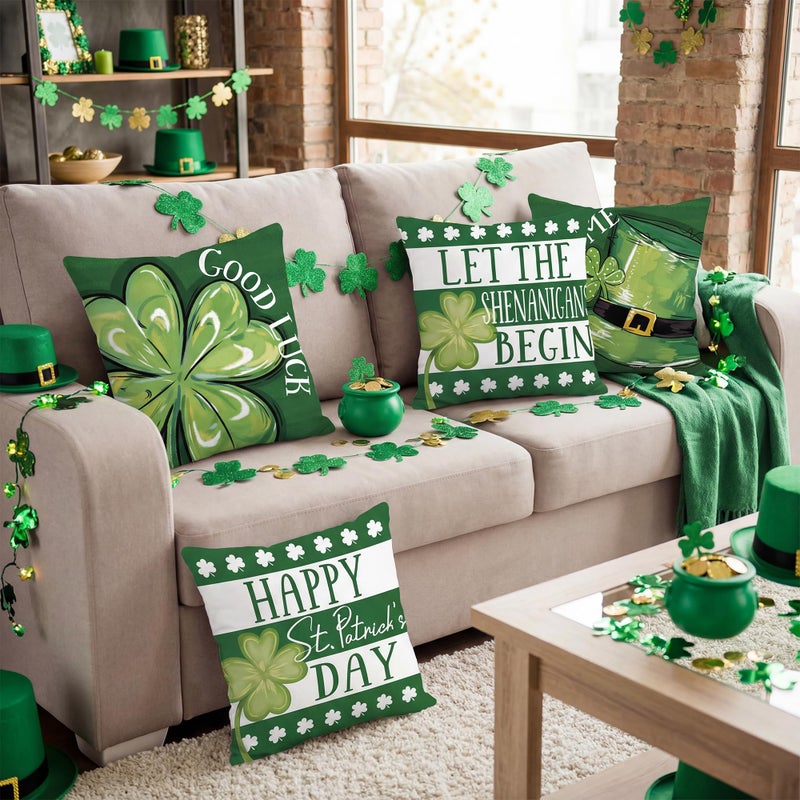 FUTBU St. Patrick's Day Throw Pillow Covers, Lucky Sharmcork Clover Pinch Me Hat Cushion Case Decoration for Sofa Couch Set of 4 Bless Our House 18x18 Inch - Image 3