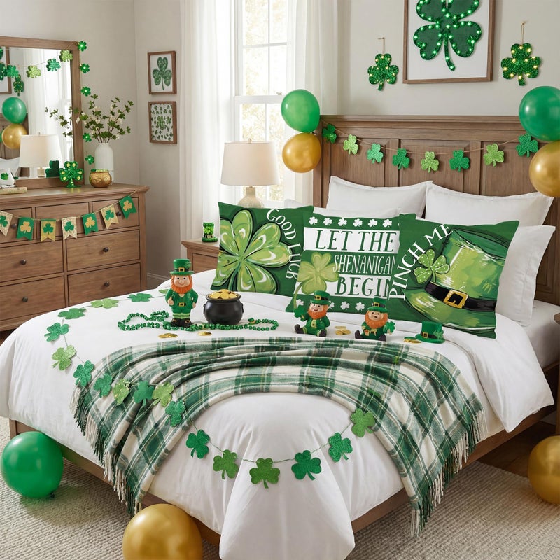 FUTBU St. Patrick's Day Throw Pillow Covers, Lucky Sharmcork Clover Pinch Me Hat Cushion Case Decoration for Sofa Couch Set of 4 Bless Our House 18x18 Inch - Image 4