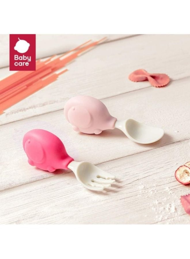 Baby Care 2-in-1 Baby Self Feeding Training Spoon and Fork Set | Soft Silicone Utensils for Infants and Toddlers | Safe and BPA-Free Baby  Cutlery Set | Easy Grip Handles Red and Pink 114x20x37mm - Image 1