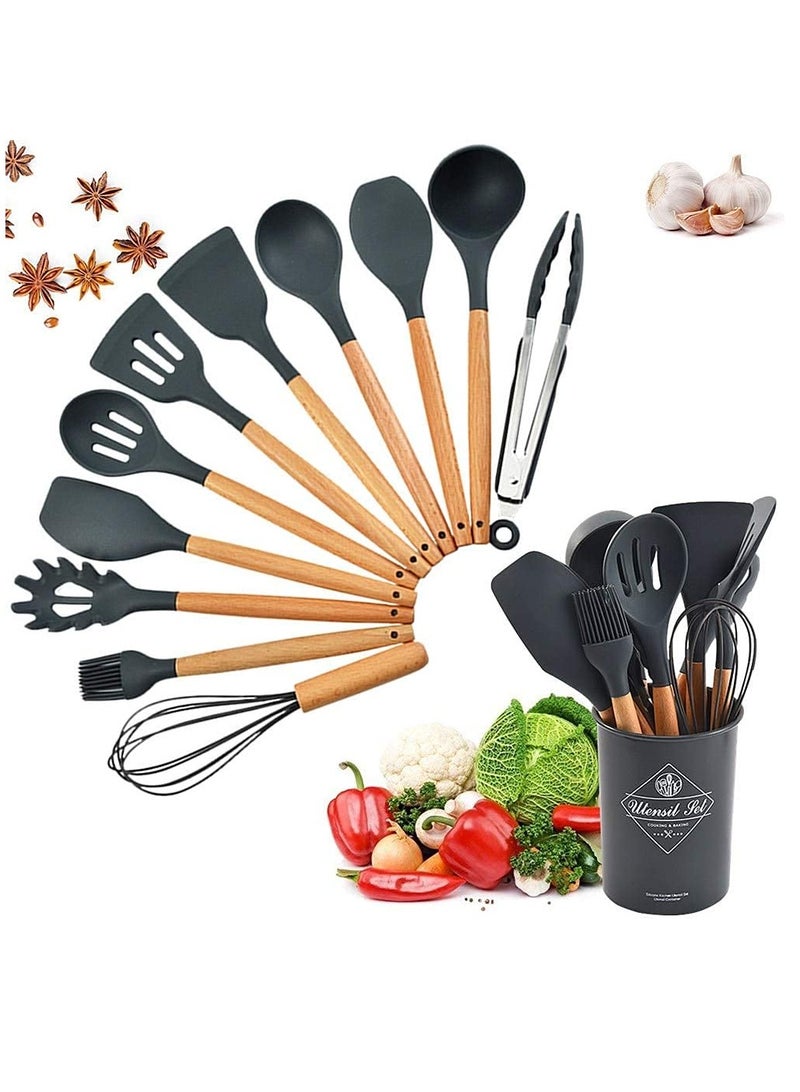 Houmt 12Pcs Silicone Spatula Set Silicone Cooking Utensil Set Silicone Kitchen Utensil Set Wooden Handles Utensils Tool for Nonstick Cookware Rubber Spatula Set Heat-Resistant Spatula - Image 1