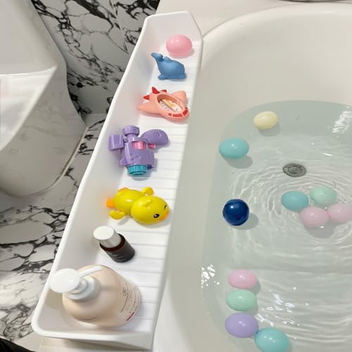 DubiLaka 315 Bathtub Splash Guard for Kids Toddlers Silicone Play Shelf Toy Storage Tray with Strong Suction Cups to Prevent Water Spills NoLeak Fun Bath Time Tub Toy Holder LedgeWhite - Image 1
