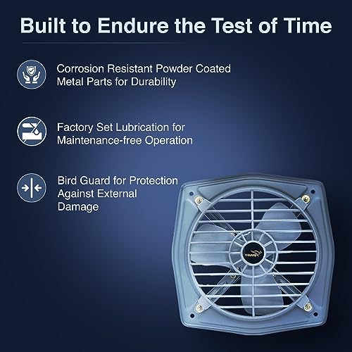 V-Guard Terano L9 Exhaust Fan 225 mm | High-Speed 1350 RPM Motor | 600 m³/h Strong Airflow | Aerodynamic 3 Blades | Robust CRCA Body | Factory-Lubricated Motor | 2-Year Warranty - Image 5