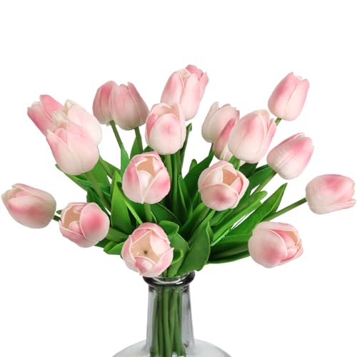 IPOPU 24PCS Real Touch Pink Tulips Artificial Flowers Baby Pink 134H x 197D for Home Decor Wedding Bouquet Party Baby Shower Centerpieces - Image 1