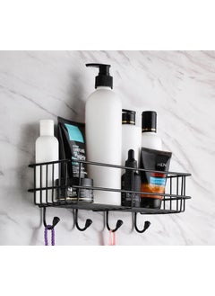 iSTAR iSTAR GI Steel Self-Adhesive Multipurpose Bathroom Shelf with Hooks/Towel Holder/Rack/Bathroom Accessories-Wall Mount - (Black,Powder Coated) (Pack of 1)  - Image 1