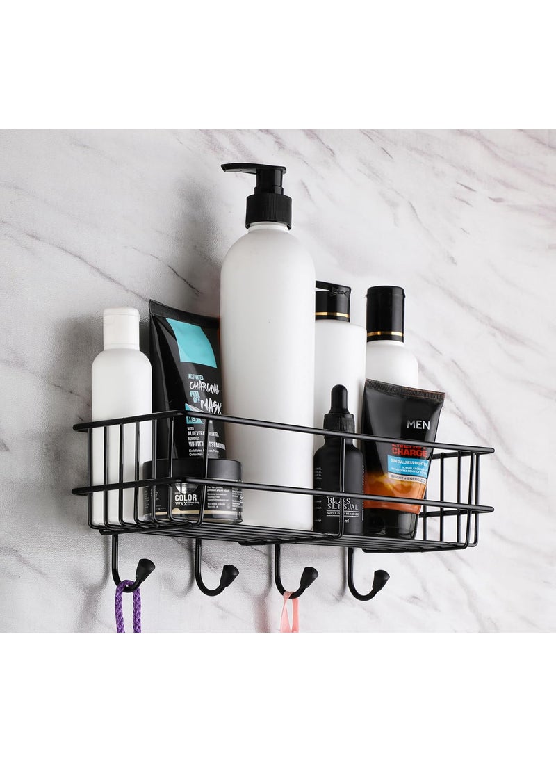 iSTAR iSTAR GI Steel Self-Adhesive Multipurpose Bathroom Shelf with Hooks/Towel Holder/Rack/Bathroom Accessories-Wall Mount - (Black,Powder Coated) (Pack of 1)  - Image 1