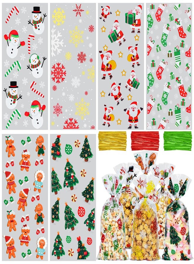 Twavang 120 Pcs Christmas Cellophane Treat Bags, Xmas Gift Candy Goodies Bags with 140 Pcs Twists for Snacks Cookies Packing (10.6 x 5.1 inches) - Image 1