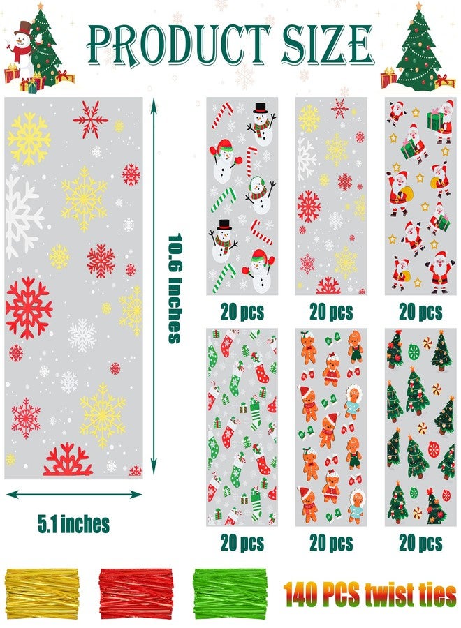Twavang 120 Pcs Christmas Cellophane Treat Bags, Xmas Gift Candy Goodies Bags with 140 Pcs Twists for Snacks Cookies Packing (10.6 x 5.1 inches) - Image 2