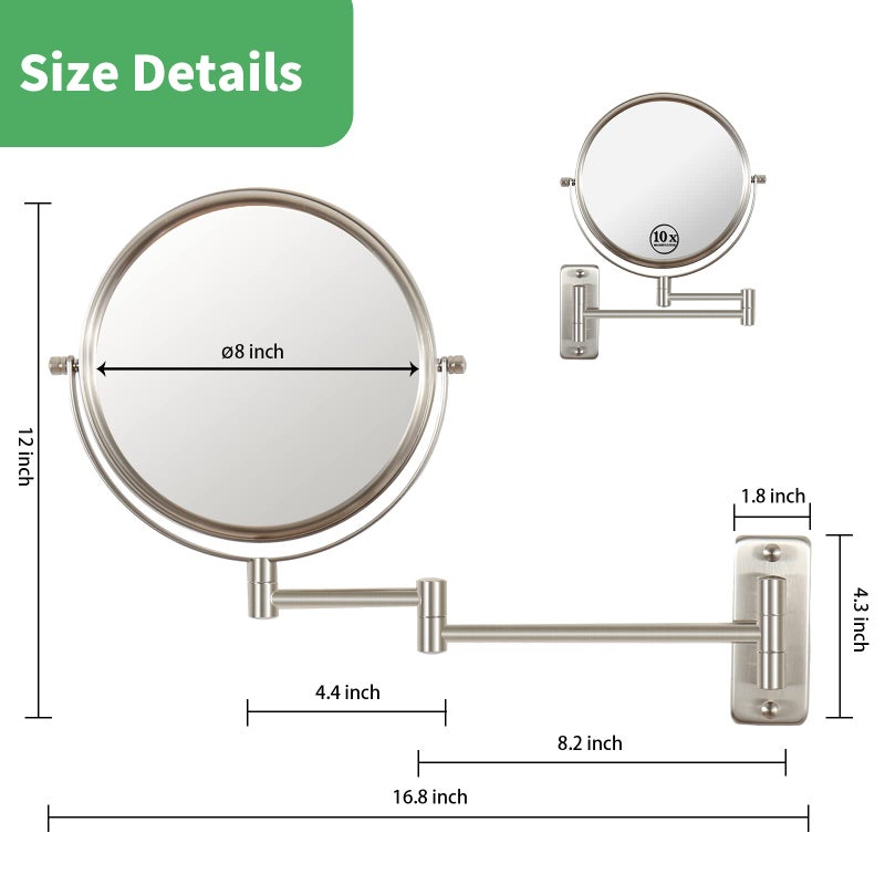 Kacuozx Mounted Makeup Mirror, Extendable Vanity Mirror,Double Side Mirror 1X 10X HD Magnifying Mirror for Bathroom, 360° Swivel Double Sided Extendable Bathroom Mirror for Shaving (Brush Nickel) - Image 2
