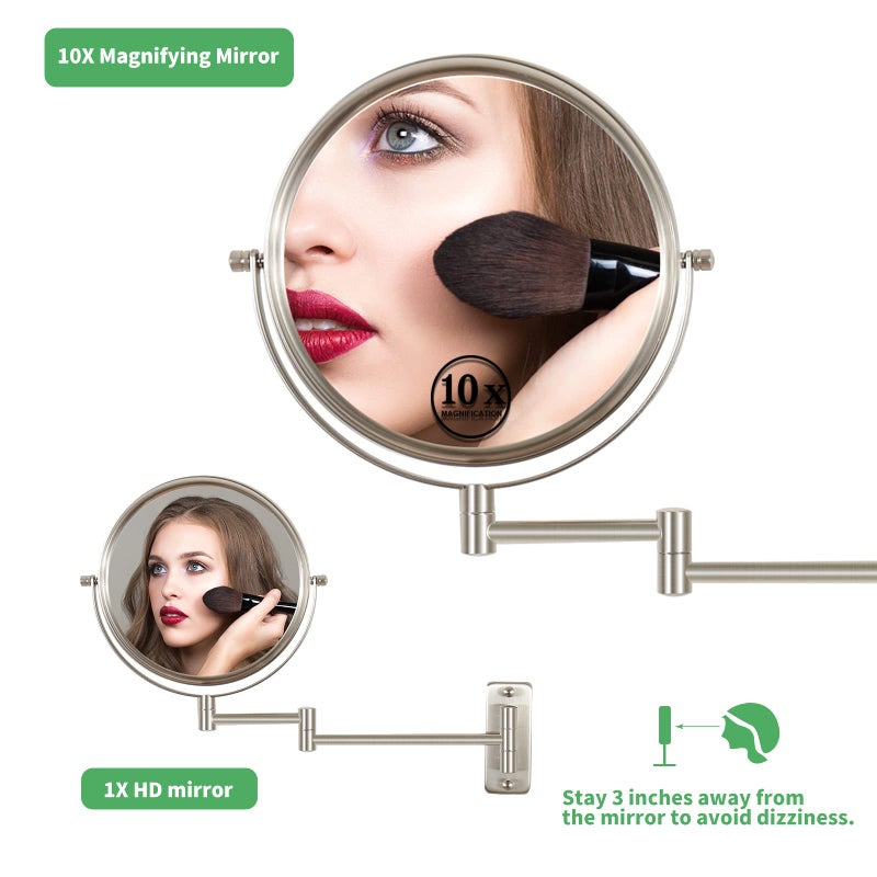 Kacuozx Mounted Makeup Mirror, Extendable Vanity Mirror,Double Side Mirror 1X 10X HD Magnifying Mirror for Bathroom, 360° Swivel Double Sided Extendable Bathroom Mirror for Shaving (Brush Nickel) - Image 5