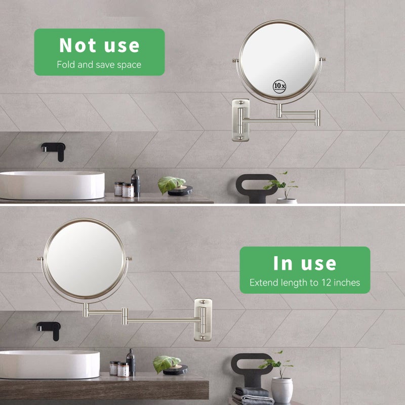 Kacuozx Mounted Makeup Mirror, Extendable Vanity Mirror,Double Side Mirror 1X 10X HD Magnifying Mirror for Bathroom, 360° Swivel Double Sided Extendable Bathroom Mirror for Shaving (Brush Nickel) - Image 3