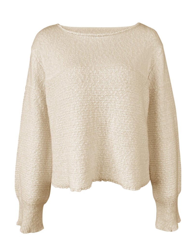 PRETTODAY Women's Crew Neck Knit Sweater Long Sleeve Textured Ribbed Casual Loose Cropped Pullover Tops Apricot - Image 3