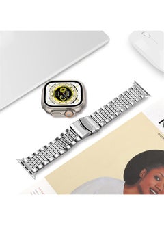 DEALELE Bands Compatible with iWatch 42mm 44mm 45mm 49mm, Solid 15-Rows Stainless Steel Metal Replacement Strap for Apple Watch Series 8 / 7 / 6 / 5 / 4 / 3 / SE / Ultra Women Men (Silver)  - Image 3
