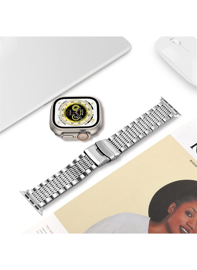 DEALELE - Bands Compatible with iWatch 42mm 44mm 45mm 49mm, Solid 15-Rows Stainless Steel Metal Replacement Strap for Apple Watch Series 8 / 7 / 6 / 5 / 4 / 3 / SE / Ultra Women Men (Silver) - Image 1