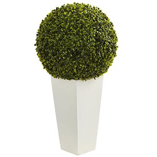 Nearly Natural Nearly Natural 28in Boxwood Topiary Ball Artificial Plant in White Tower Planter IndoorOutdoor 