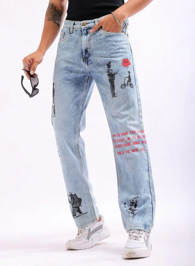 Men Vintage Straight Fit Character Mid-Rise Jeans