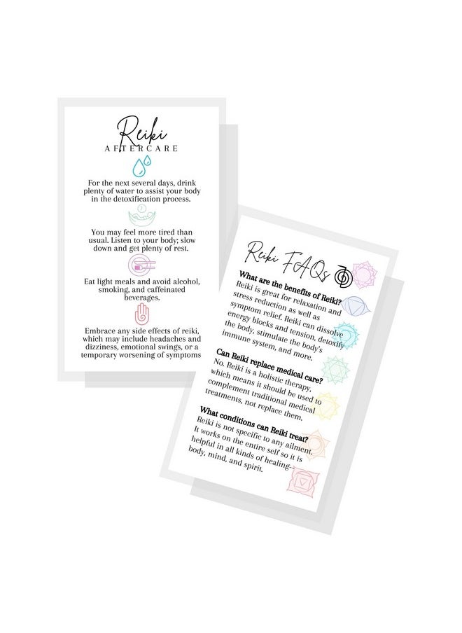 Lashicorn - Reiki Aftercare And Faq Client Cards ; 50 Pack ; 2 X 3.5” Business Cards For Practitioners To Give After Session White With Chakra Symbols Spiritual Healing Massage Therapy What To Expect From Reiki - Image 1