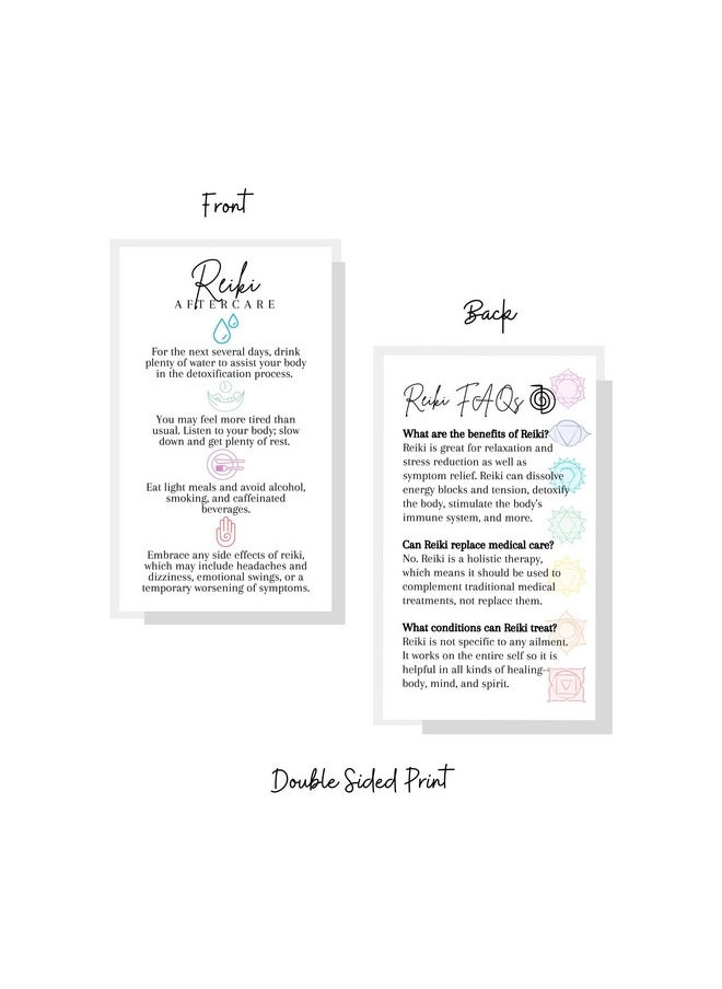 Lashicorn - Reiki Aftercare And Faq Client Cards ; 50 Pack ; 2 X 3.5” Business Cards For Practitioners To Give After Session White With Chakra Symbols Spiritual Healing Massage Therapy What To Expect From Reiki - Image 1