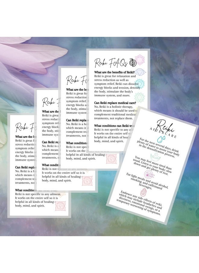Lashicorn - Reiki Aftercare And Faq Client Cards ; 50 Pack ; 2 X 3.5” Business Cards For Practitioners To Give After Session White With Chakra Symbols Spiritual Healing Massage Therapy What To Expect From Reiki - Image 1