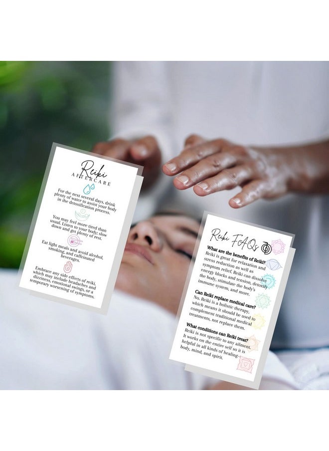 Lashicorn - Reiki Aftercare And Faq Client Cards ; 50 Pack ; 2 X 3.5” Business Cards For Practitioners To Give After Session White With Chakra Symbols Spiritual Healing Massage Therapy What To Expect From Reiki - Image 1