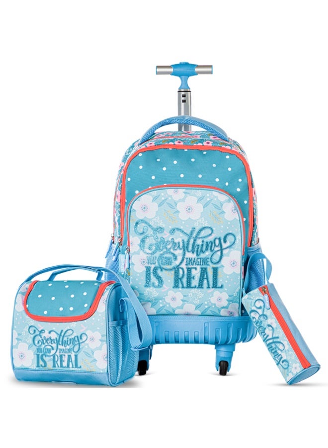 Eazy Kids 18" 4-Wheel Trolley School Set w/ Lunch Bag and Pencil case – Flora Edition - Image 1