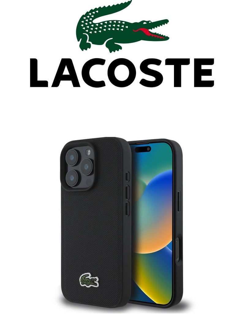 CG MOBILE IPhone 16 Pro Max cover, supports wireless charging, MagSafe, with original logo and faux leather design approved by the global brand Lacoste. From CG Mobile. Black - Image 1