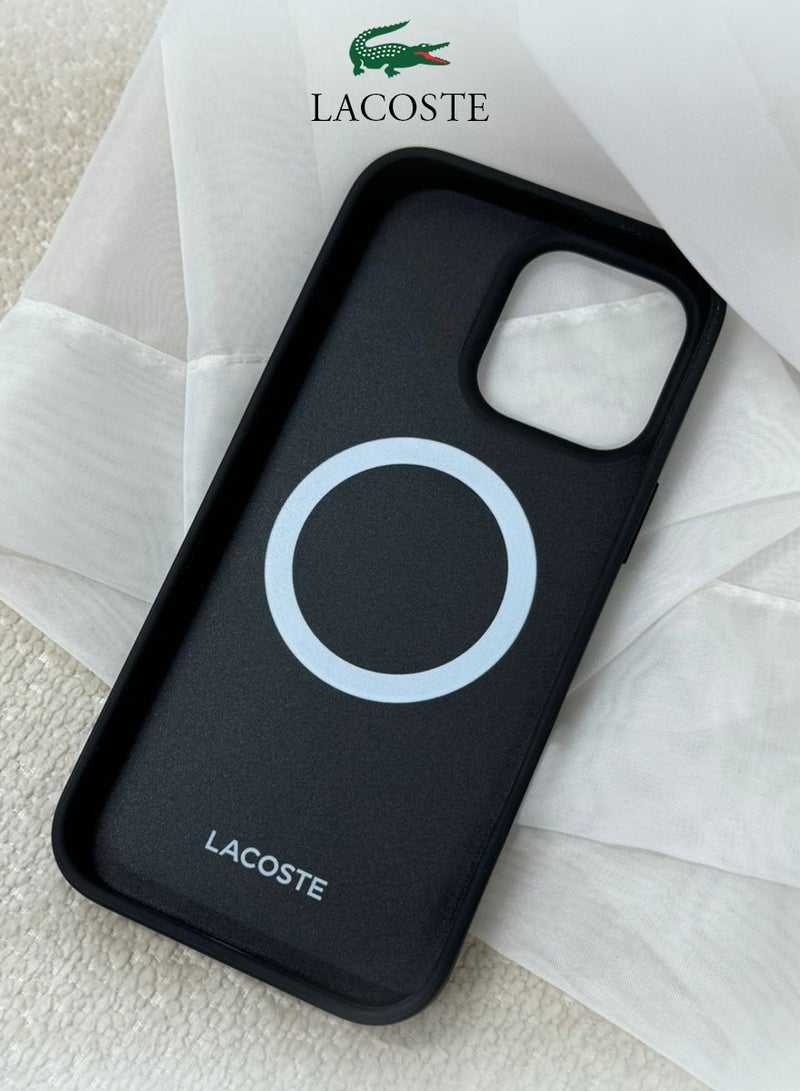 CG MOBILE IPhone 16 Pro Max cover, supports wireless charging, MagSafe, with original logo and faux leather design approved by the global brand Lacoste. From CG Mobile. Black - Image 3
