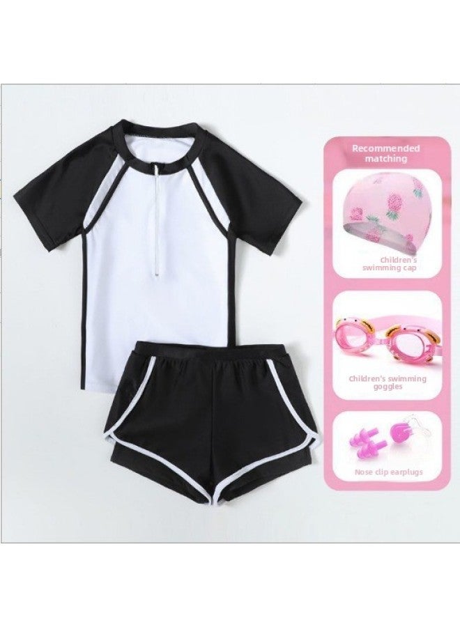 Loquat Girls' Swimsuit Split Two-piece Sports Style Flat-angle Conservative Girls' Small, Middle And Big Kids Casual Swimwear-Color:Black 【swimming Cap/goggles/nose Clip Earplug】】- - Image 1