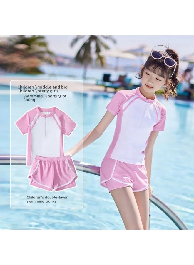 Loquat Girls' Swimsuit Split Two-piece Sports Style Flat-angle Conservative Girls' Small, Middle And Big Kids Casual Swimwear-Color:Black 【swimming Cap/goggles/nose Clip Earplug】】- - Image 2